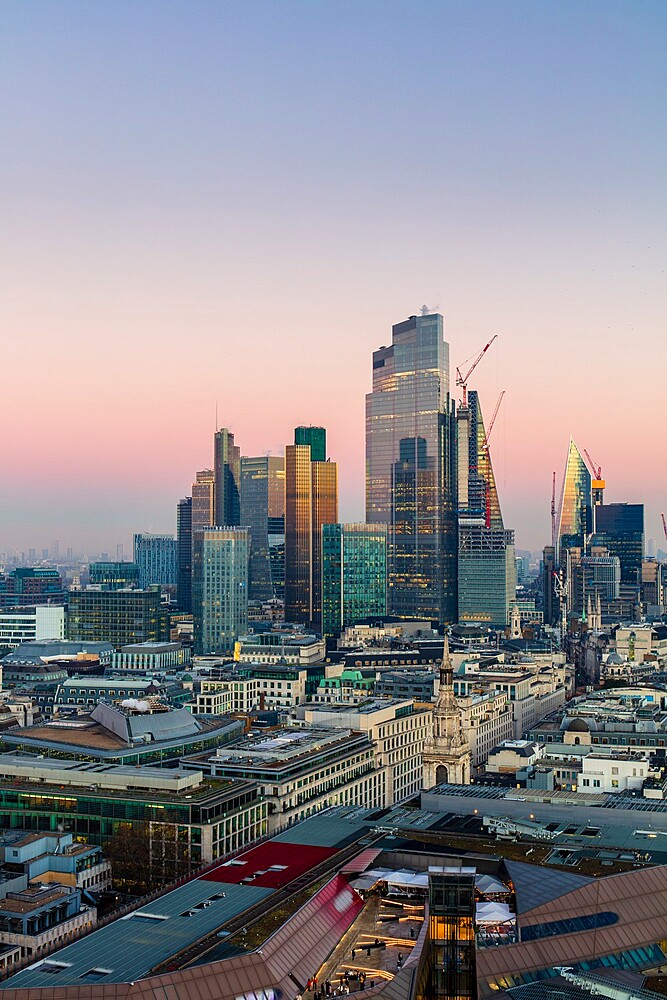 Aerial view of London City skyline at sunset taken from St. Paul's Cathedral, London, England, United Kingdom, Europe