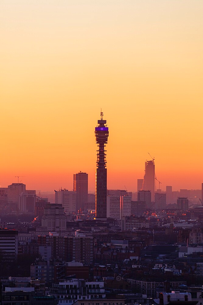 Aerial view of BT Tower at sunset, London, England, United Kingdom, Europe