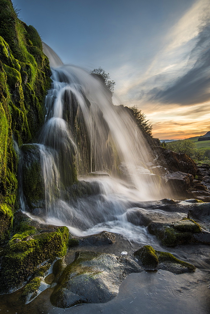 Sunset at the Loup o Fintry waterfall near the village of Fintry, Stirlingshire, Scotland, United Kingdom, Europe