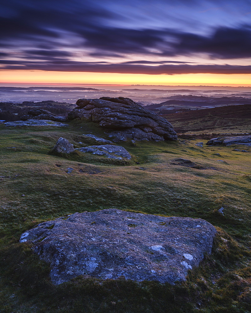 Dawn viewing East with mist in valleys, Dartmoor National Park seen from Haytor, Bovey Tracey, Devon, England, United Kingdom, Europe