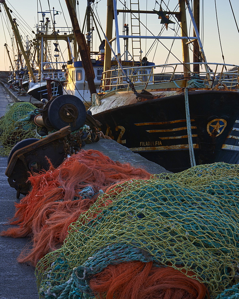 Trawlers alongside and nets, Newlyn, Cornwall, England, United Kingdom, Europe