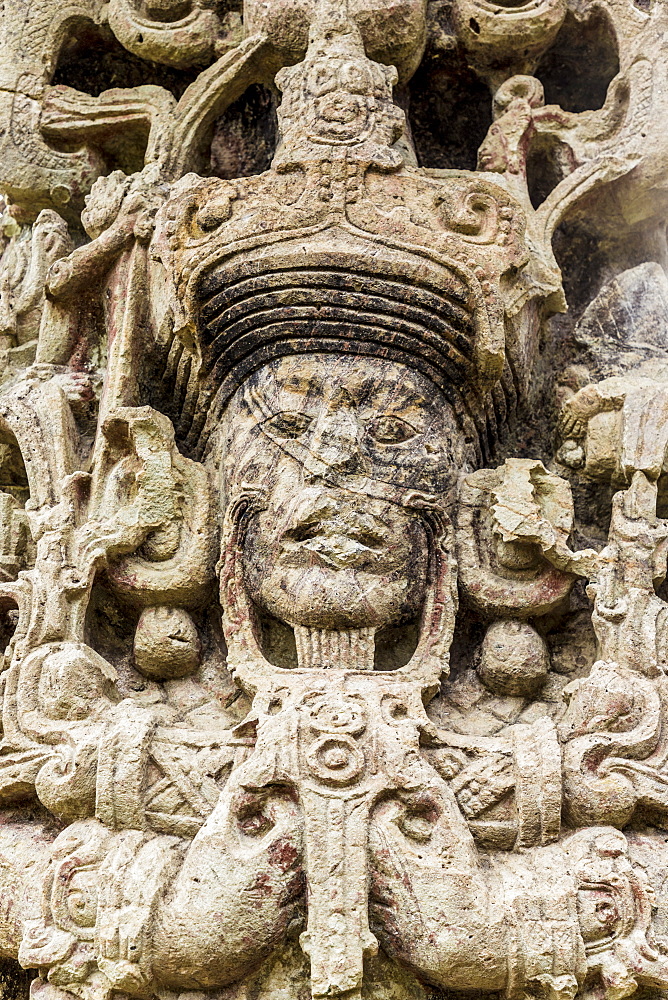 The face on Stelae B in Copan Ruins, UNESCO World Heritage Site, Copan, Honduras, Central America