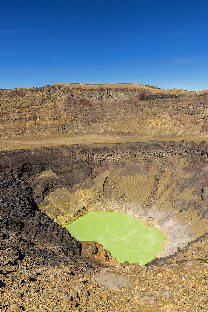 A view of the volcanic crater and colourful crater lake on Santa Ana Volcano in Santa Ana, El Salvador, Central America