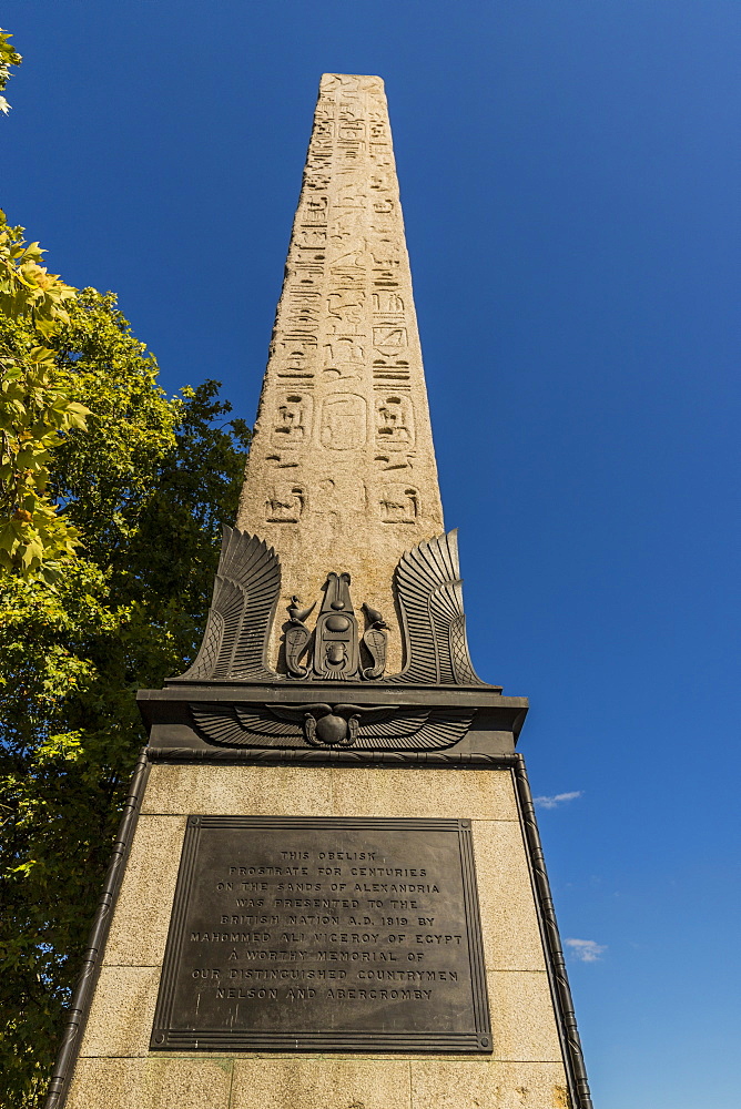 Cleopatra's Needle and the plaque to Erasmus Wilson at its base, London, England, United Kingdom, Europe