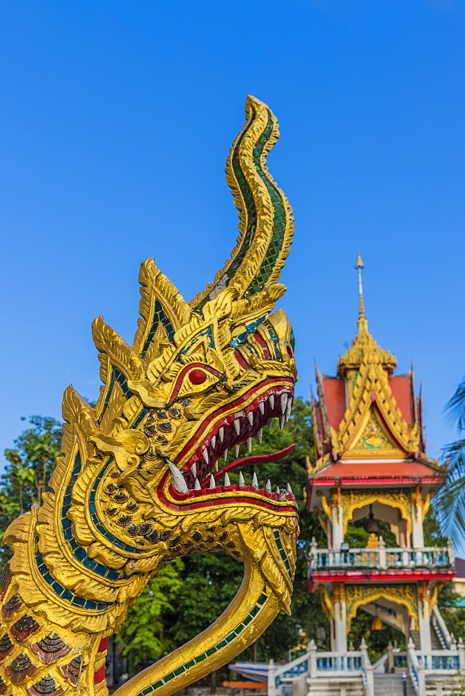 Serpentine dragons on a temple at the Office of National Buddhism, in Phuket Town, Phuket, Thailand, Southeast Asia, Asia