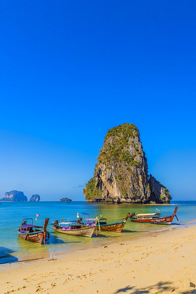 Long tail boats on Phra Nang Cave Beach on Railay in Ao Nang, Krabi Province, Thailand, Southeast Asia, Asia