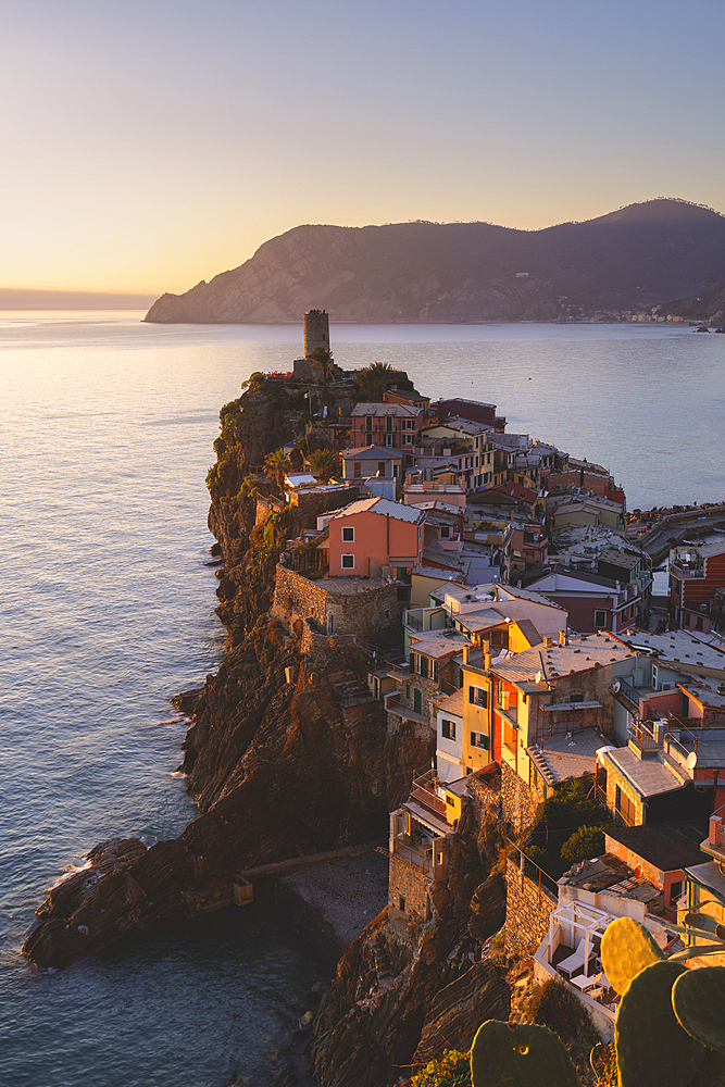 Vernazza at sunset in cinque terre natural park, La Spezia province in Liguria district, Italy.