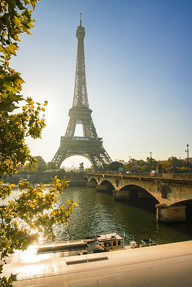 Eiffel Tower early in the morning, viewed from the other side of the River Seine, Paris, France, Europe