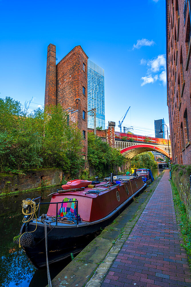 Manchester Canal with barges at Castlefield, Manchester, Lancashire, England, United Kingdom, Europe