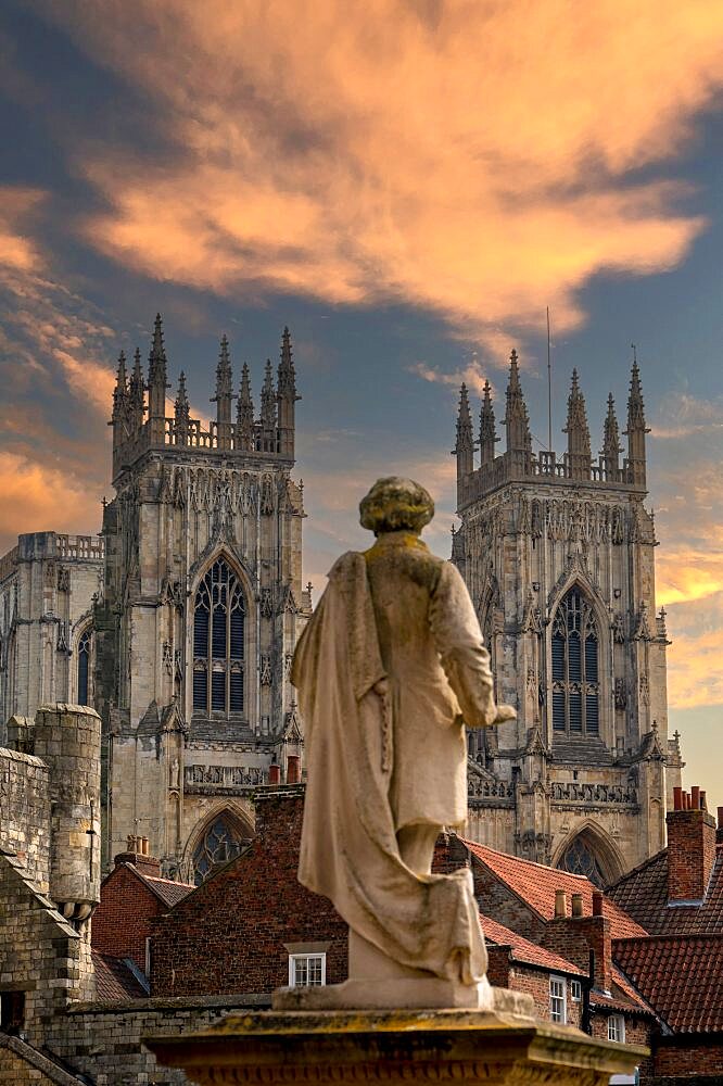 York Minster West Bell Towers and Bootham Bar viewed from St. Leonards Place, York