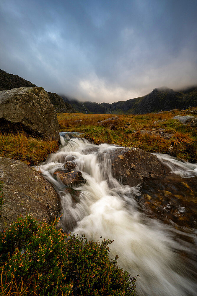 Cascading water in Nant Ffrancon Valley Snowdonia, Wales