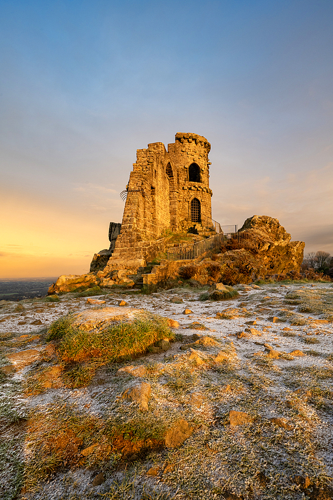 The Folly at Mow Cop with a winter dusting of snow, Mow. Cop, Cheshire