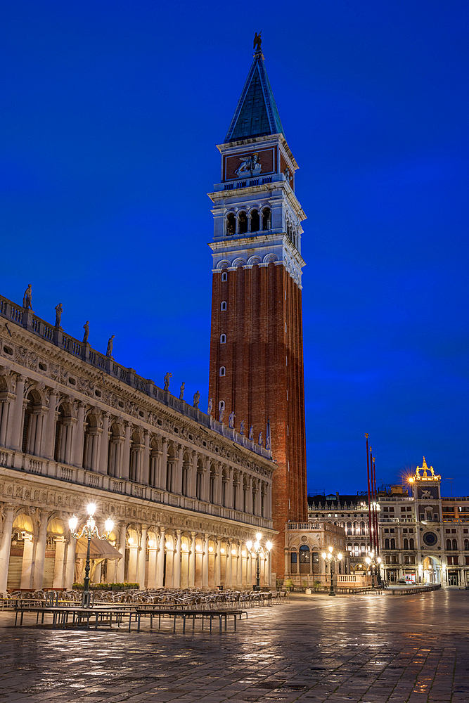 Campanile bell tower at night, San Marco, Venice, UNESCO World Heritage Site, Veneto, Italy, Europe