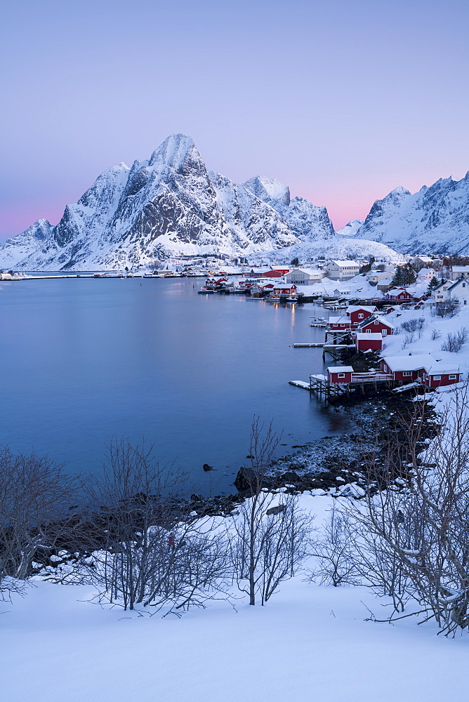 Sunrise at Reine in winter, Reinefjord, Moskenesoya, Lofoten, Arctic, Norway, Europe