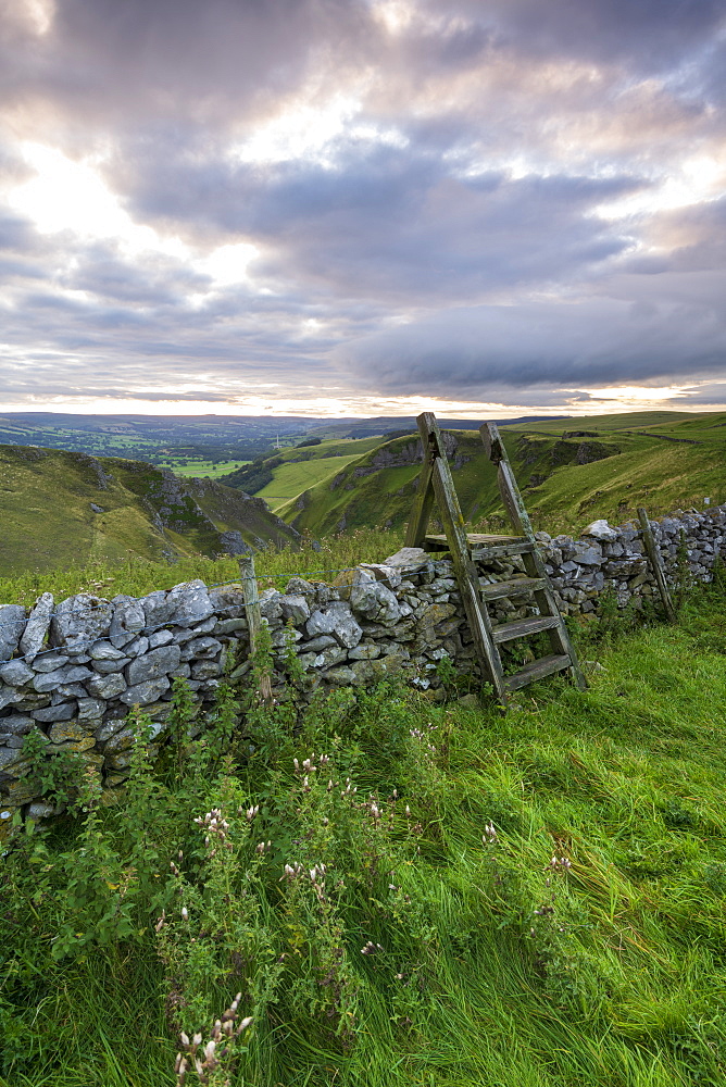 The elevated view of Winnats Pass and Hope Valley, Winnats Pass, Hope Valley, Peak District, Derbyshire, England, United Kingdom, Europe