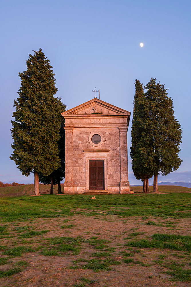 Vitaleta Church (Madonna di Vitaleta) with moon, San Quirico d'Orcia, Val d'Orcia, UNESCO World Heritage Site, Tuscany, Italy, Europe