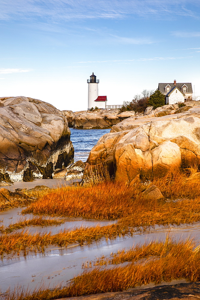 Annisquam Harbor Light illuminated in morning light, Massachusetts, New England, United States of America, North America