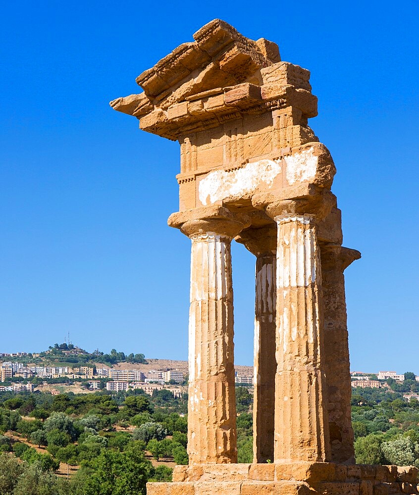 Reconstructed section of the Temple of Castor and Pollux, UNESCO World Heritage Site, Valley of the Temples, Agrigento, Sicily, Italy, Mediterranean, Europe