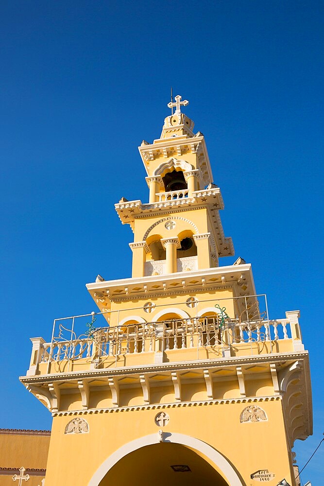 Colourful bell-tower of the Greek Orthodox church, Paleohora (Paleochora), Hania (Chania), Crete, Greek Islands, Greece, Europe