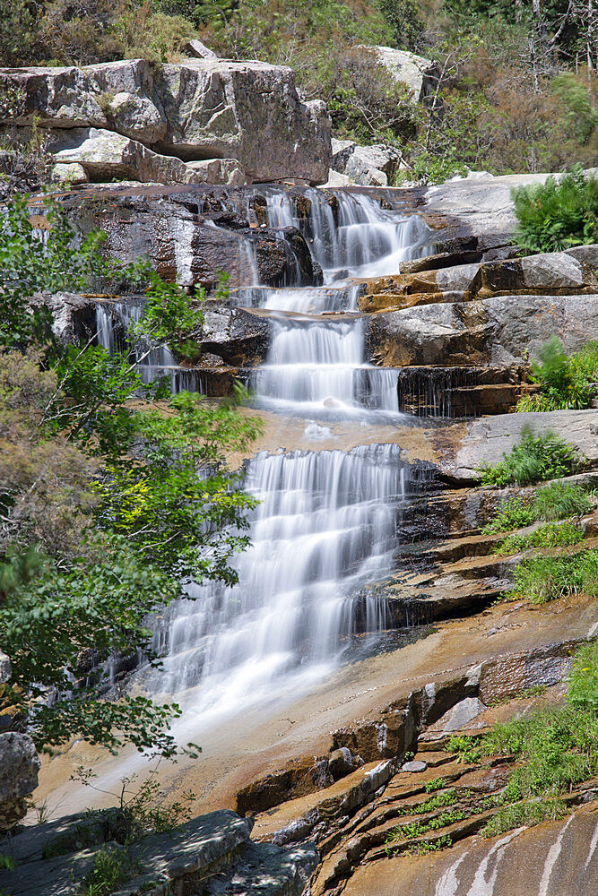 Waterfall on the Aitone River forming part of a series of falls at the Cascades d'Aitone, Evisa, Corse-du-Sud, Corsica, France, Mediterranean, Europe