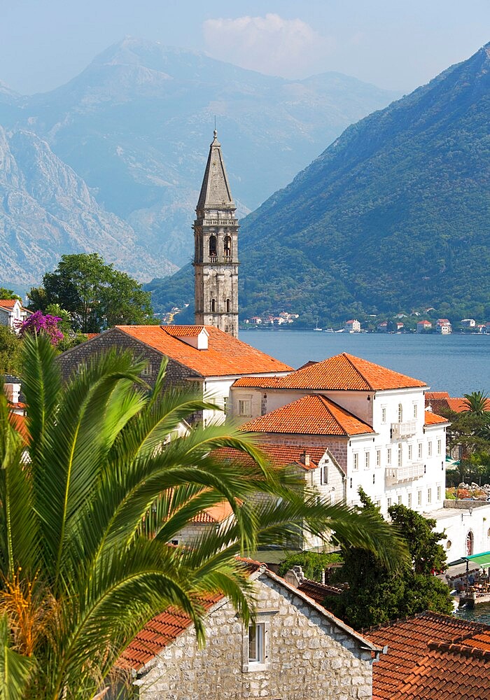 View over roofs to the Bay of Kotor, campanile of the Church of St. Nicholas (Sveti Nikola) prominent, Perast, Kotor, UNESCO World Heritage Site, Montenegro, Europe