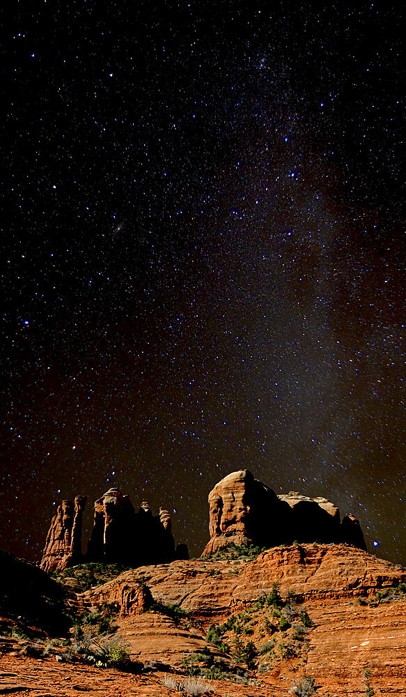 HDR composite of Cathedral Rock in Sedona under the Milky Way sky, Arizona, United States of America, North America