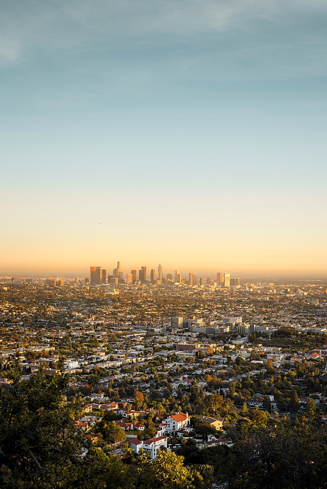 The Los Angeles City skyline taken from the Griffith Observatory, Los Angeles, California, United States of America, North America