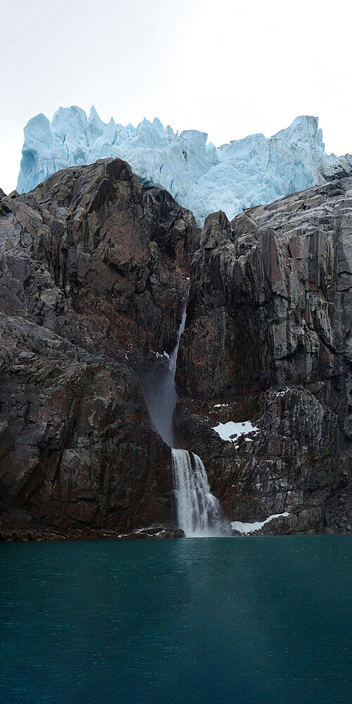 Panorama image of glacier fingers coming down to seashore, Nunavut and Northwest Territories, Canada, North America