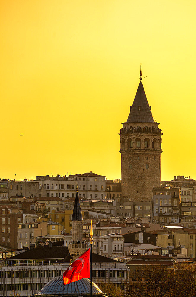 Sunset with the Galata Tower in view, Istanbul, Turkey, Europe