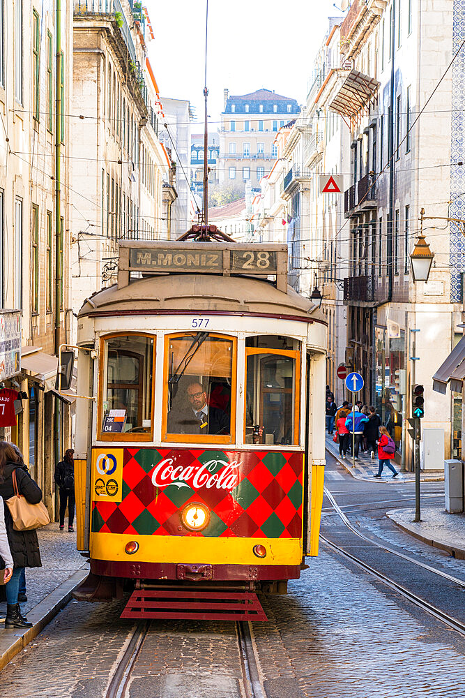 Traditional Tram in Lisbon on the urban streets, Lisbon, Portugal, Europe