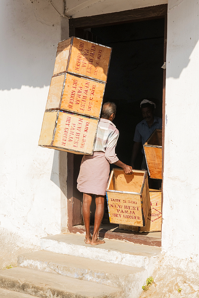 Man carrying wooden chest boxes for packing ginger at a spice market, Fort Kochi, Kerala, India