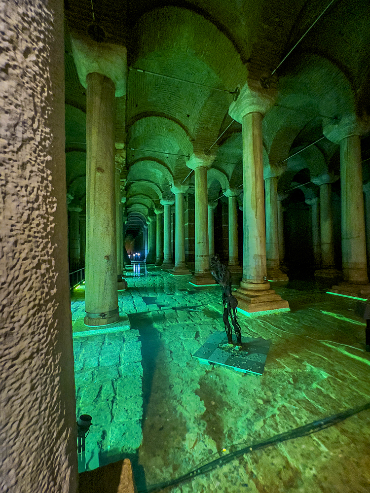 Basilica Cistern with green illumination, Istanbul, Turkey, Europe