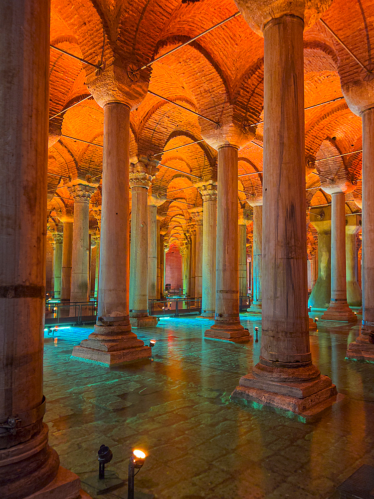 Basilica Cistern with an orange illumination. Istanbul, Turkey, Europe