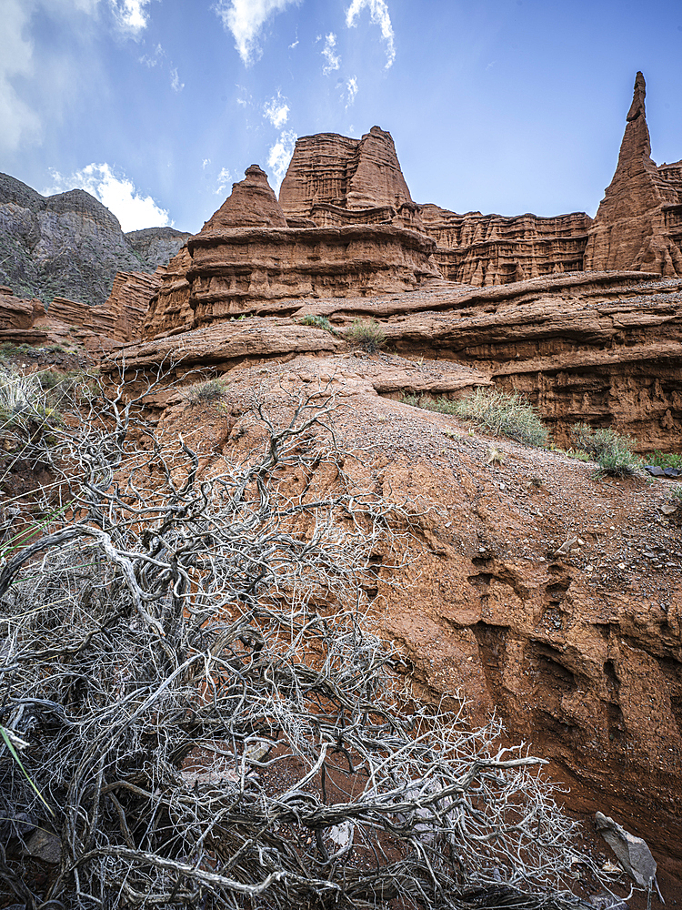 Majestic red rock spires in Kok-Moinok Canyon, Kyrgyzstan, Central Asia, Asia