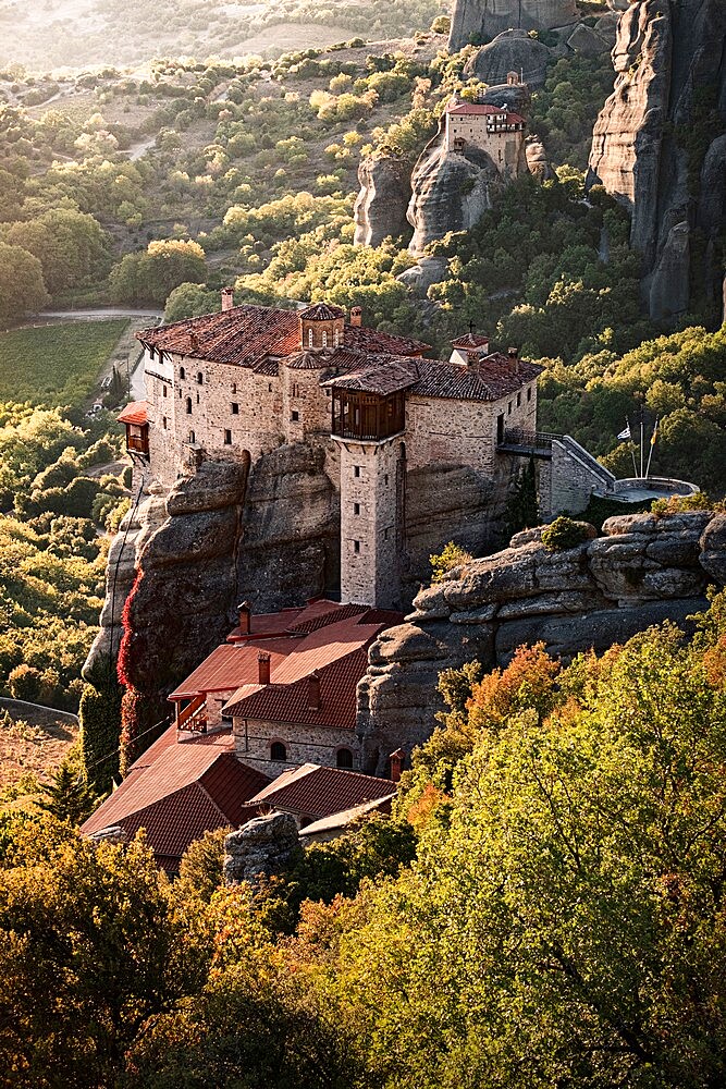 Sunset on Agios Nikolaos monastery, Meteora, UNESCO World Heritage Site, Thessaly, Greece, Europe