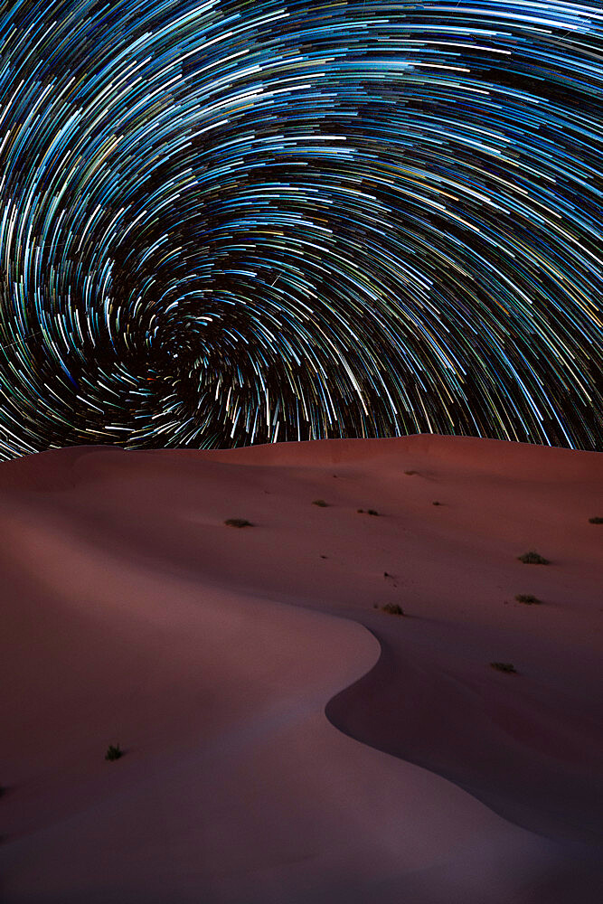 Vortex star trail in the Rub al Khali desert in Oman, Rub al Khali, Oman, Middle East