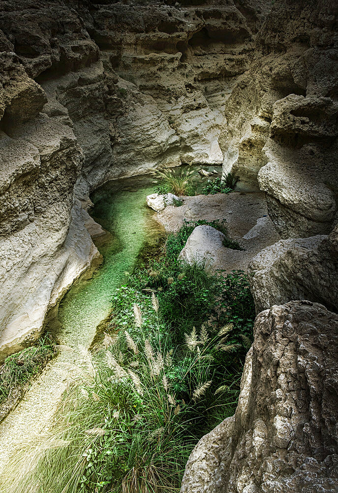 Wadi Shab canyon with its emerald water, Oman, Middle East