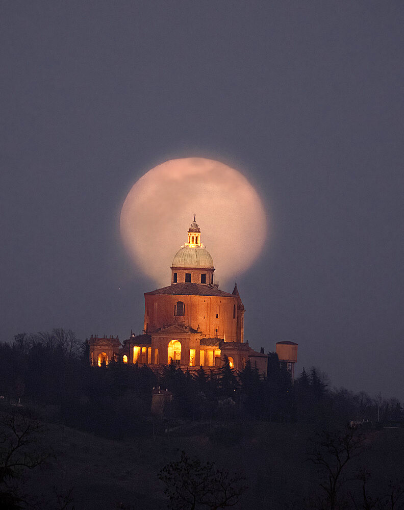 Moon rise behind the San Luca Basilica, Bologna, Emilia Romagna, Italy, Europe