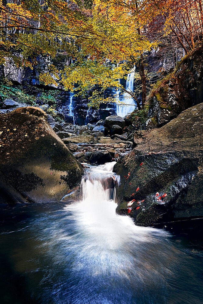 Long exposure at Dardagna waterfalls in autumn, Parco Regionale del Corno alle Scale, Emilia Romagna, Italy, Europe