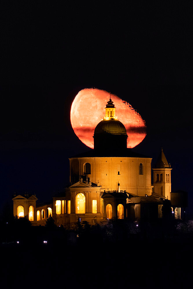 Moon third quarter above San Luca Sanctuary at night, Bologna, Emilia Romagna, Italy, Europe