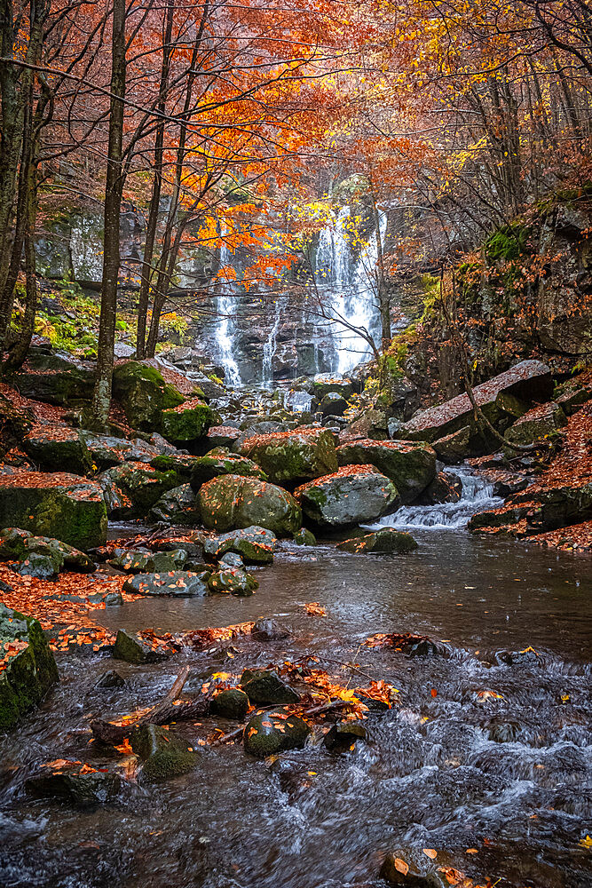 Dardagna waterfalls and river with autumn foliage, Emilia Romagna, Italy, Europe