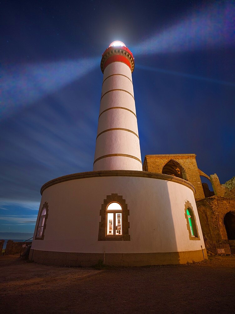 Saint-Mathieu Lighthouse by night, Finistere, Brittany, France, Europe