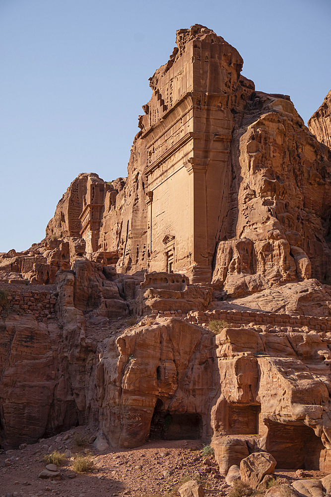 Unayshu tomb in the lost city of Petra illuminated at sunset, Petra, UNESCO World Heritage Site, Jordan, Middle East