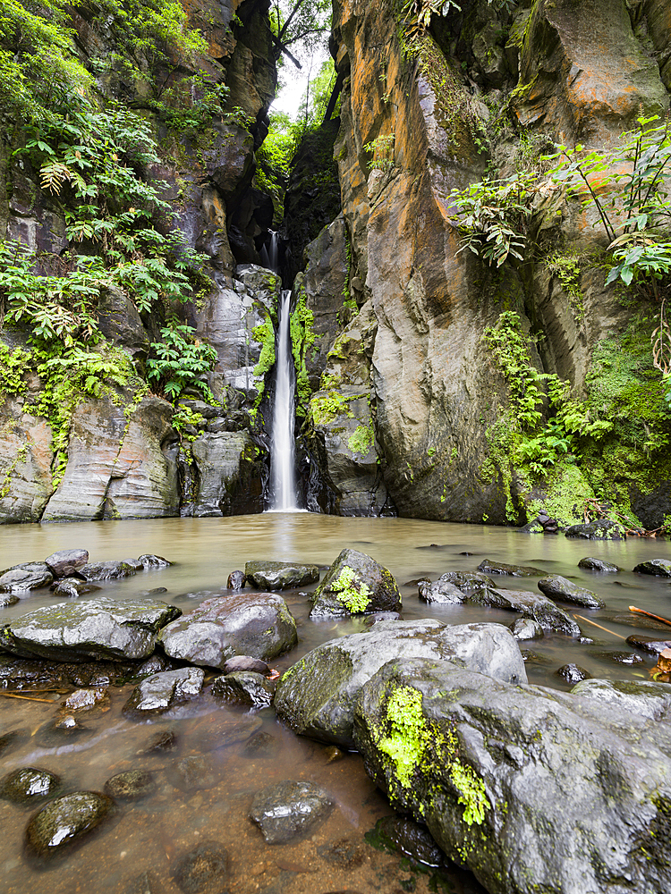 Salto do Cabrito waterfall and some rocks on Sao Miguel island, Azores Islands, Portugal, Atlantic, Europe