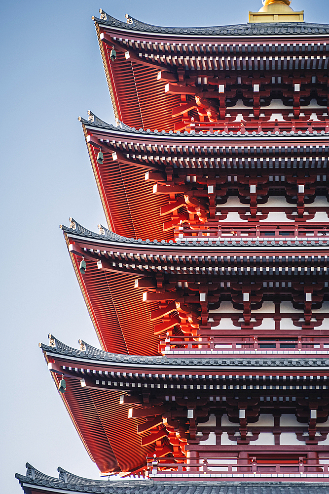 Five-Storied Pagoda details at sunrise in the Senso-ji temple, Tokyo, Honshu, Japan, Asia