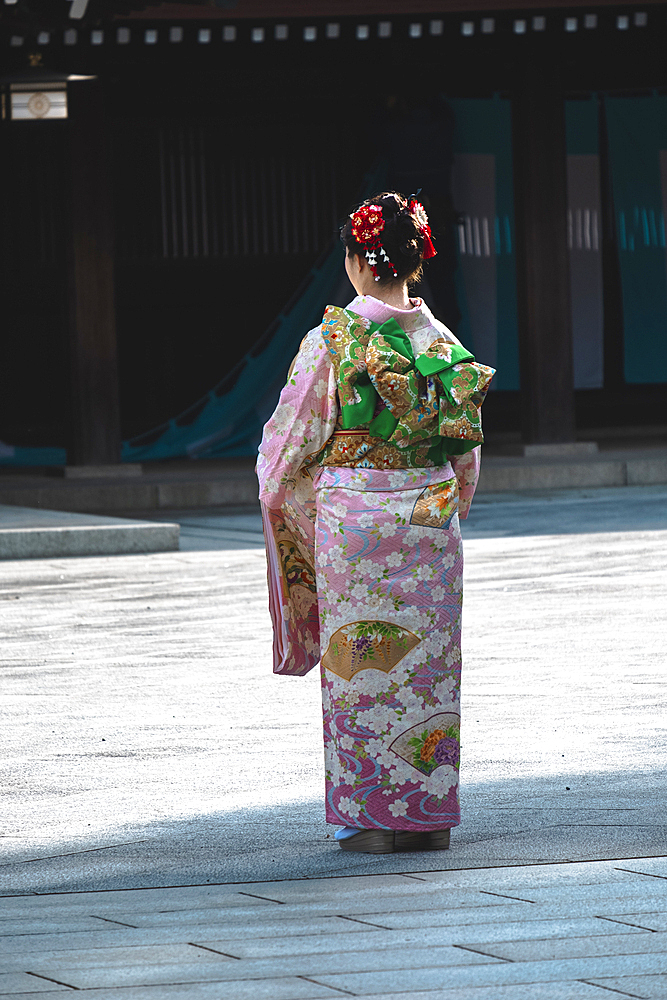 A girl seen from the back in traditional clothes in a Tokyo temple, Tokyo, Honshu, Japan, Asia