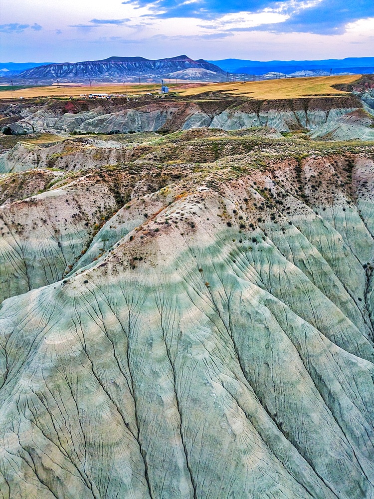 Davutoglu colorful mountains drone aerial view at sunset in Turkey