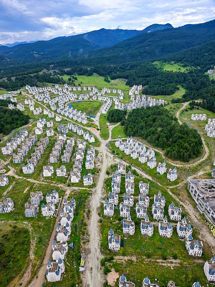 Burj al Babas drone aerial view of abandoned ghost town fairytale castles in Turkey