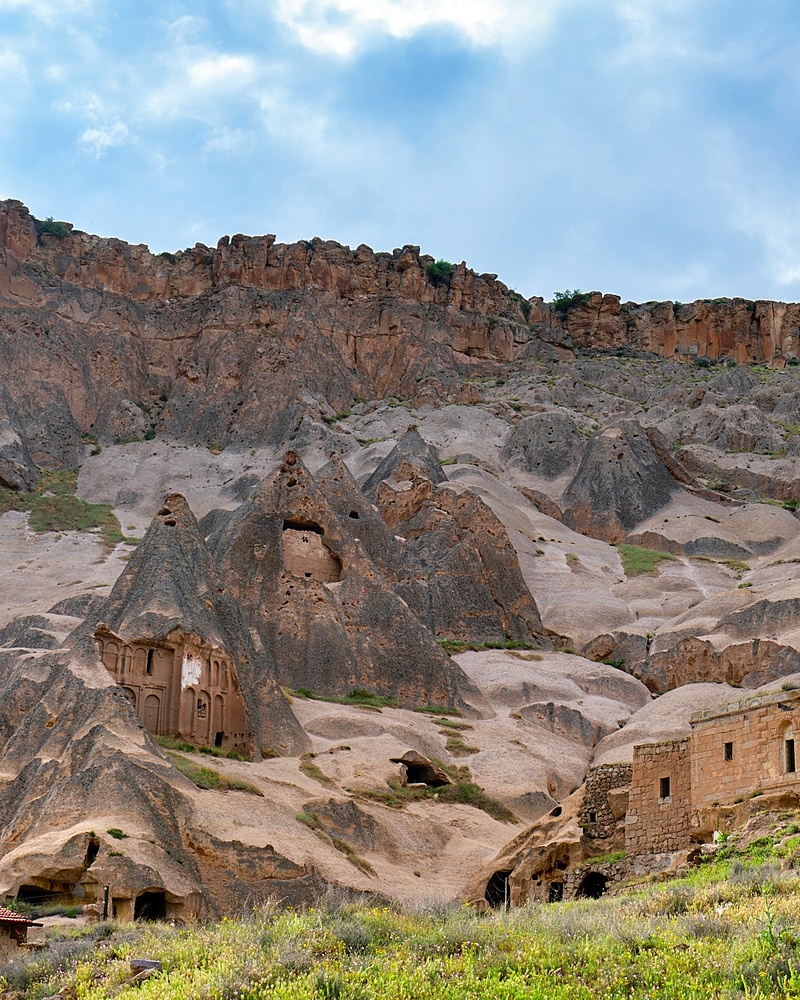 Selime ancient town with houses carved on the rocks in Cappadocia, Turkey