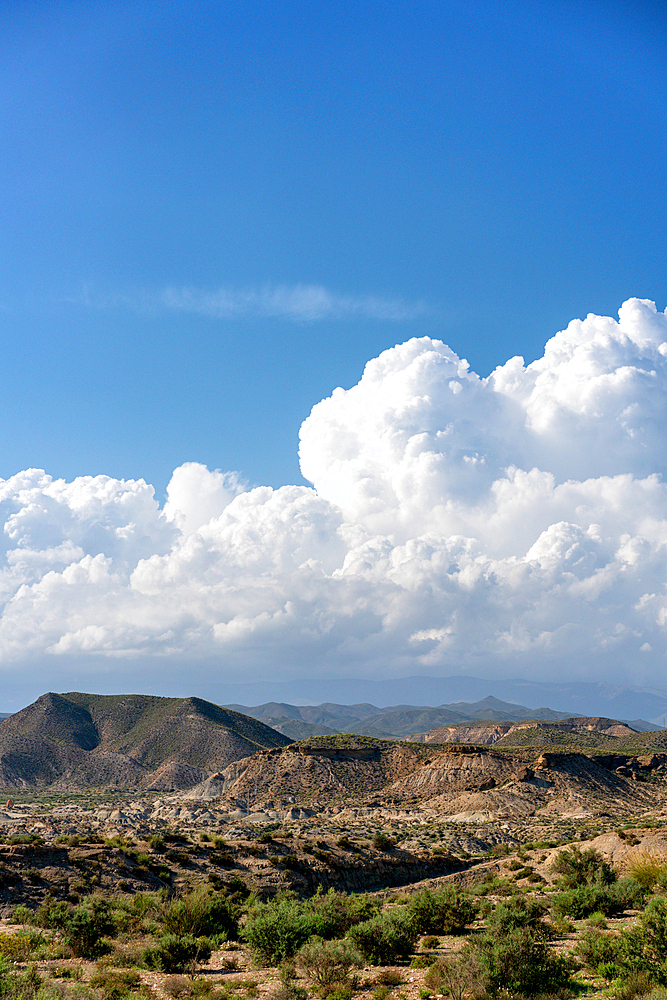 Tabernas desert landscape on a sunny day, Almeria, Andalusia, Spain, Europe